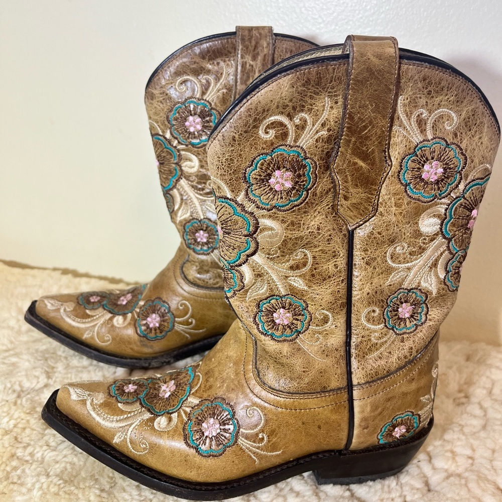 Corral Kids Tan Floral Embroidered Western Boots